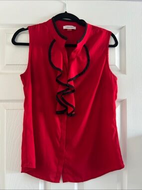 Calvin Klein Red Sleeveless Ruffled Blouse with Black Trim